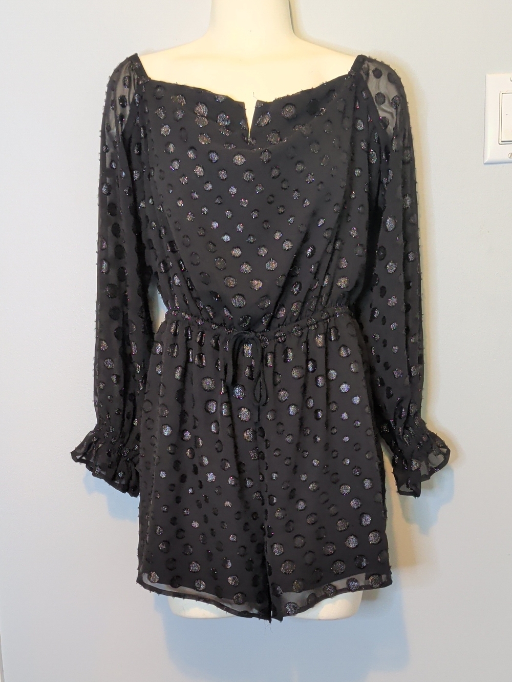 Express Black Sheer Long Sleeve Polka Dot Romper